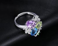 JewelryPalace Flower Natural Amethyst Blue Topaz Peridot Chrome Diopside Open Adjustable Cocktail Ring 925 Sterling Silver Women