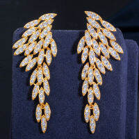 CWWZircons Elegant 18 K ชุบทอง Cubic Zirconia เงิน 925 ยาว Dangle Feather Wing ต่างหูรูปหยดน้ำสำหรับแฟชั่นสำหรับผู้หญิง Boho เครื่องประดับ