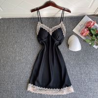 【 WYIN kitchen】 Black Lace Nightdress Gown Strap Nightgown Women Summer Lingerie V-Neck Sleepdress Sexy Loungewear Silky Chemise Sleepwear