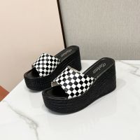 Womens Summer Outer Wear Platform Wedge Slippers New Black White Checkered Non-slip Sandals for Woman Beach Shoes Plus Szie 43