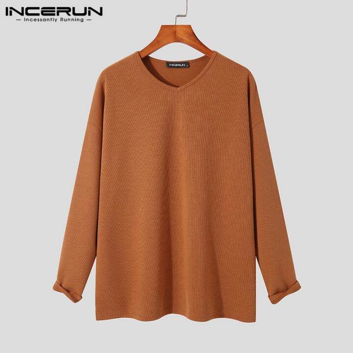 incerun-เสื้อท็อปคอกลมแขนยาวผ้าถักสีพื้นสําหรับผู้ชาย