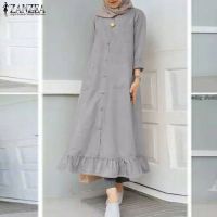 ZANZEA Women Vintage Long Sleeve Button Down Frilled Hem Muslim Dress