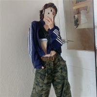 ❖✤☎ y2k hot girl outfit hiphop hip hop stand collar striped cardigan jacket female jazz dance hip hop short sweatshirt