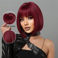 Hot Short Wine Red Bob Wigs For Women Burdy Bob Wigs With Thick Bangs วิกผมสังเคราะห์ทนความร้อน