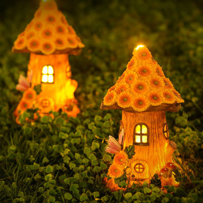 Outdoor Solar Light Sunflower Garden Miniatures Lights Resin Tree House Figurine Lamp Waterproof Solar Light Fairy Statue