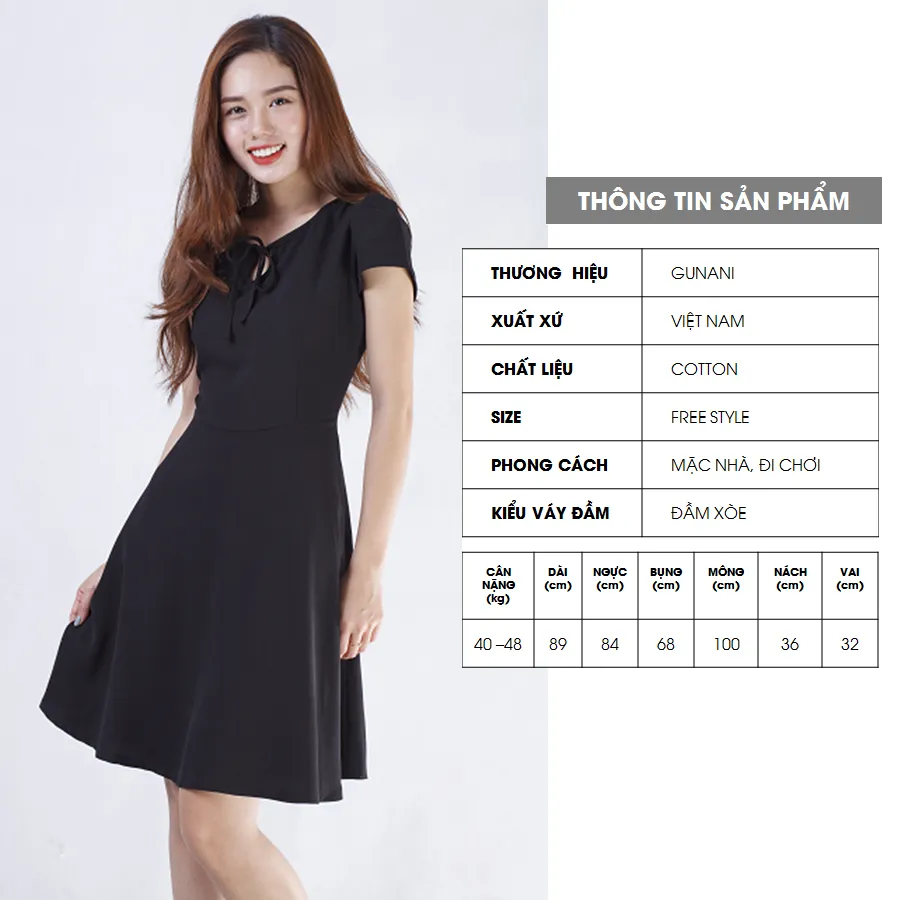 Đầm xòe dạo phố ngắn tay cổ tròn màu đen trơn [Gunani] | Lazada.vn