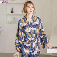 Pyjamas Sets Woman Full Elegant Home Wear Sleep Clothing Female Pajamas Suit Autumn crane Animal Print Japanese kimono straps