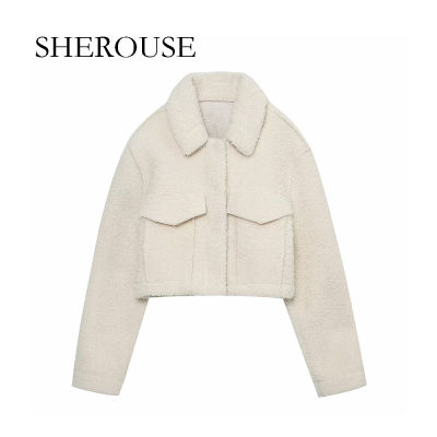 SHEROUSE Women Fashion Fleece Solid Jacket Coat Vintage Lapel Neck Single Breasted Long Sleeves Female Chic Lady Top Outfits