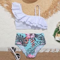 2023 Floral Girls Swimsuit Kids Ruffle Oblique Shoulder Two Piece Childrens Swimwear 7-14 Years High Waist Bikini Bathing Suit