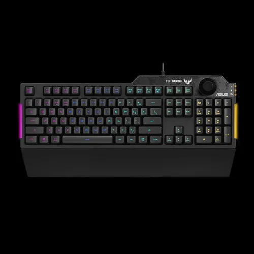 ASUS TUF Gaming K1 RGB keyboard with dedicated volume knob, spill