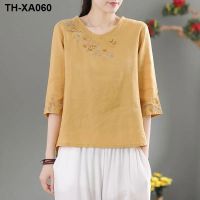 Literary retro button show thin embroidered coat summer loose national round collar and a half sleeve T-shirt female