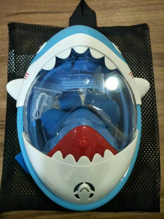 หน้ากากดำน้ำแบบเต็มหน้าเด็กไซส์-xs-หน้าปลาฉลาม-สีฟ้า-สำหรับเด็ก-เด็กใส่ดำน้ำ-full-face