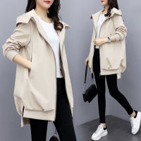 利Womens Long-sleeved Mid-length Windbreaker 2021 Spring and Autumn Korean Loose Casual Hooded Windbreaker All-match Temperament Jacket