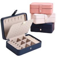 【LZ】▣♧✵  Caixa de Jóias Portátil de Dupla Camada Organizador Exibição Viagem Colar Brincos Anel Estojo Couro Armazenamento Zíper Jewelers Box