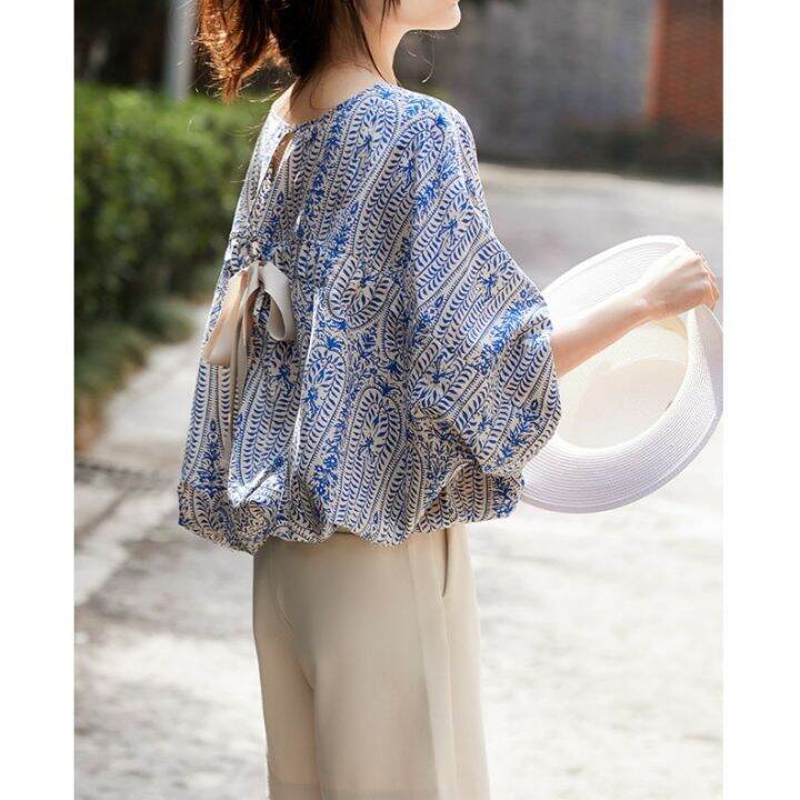 summer-new-covered-belly-top-female-relaxed-loose-bat-sleeve-lace-up-back-bow-floral-shirt-jacket