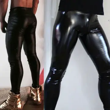 Fashion Men Leather Pants Black PU Leather Leggings Wetlook Tights