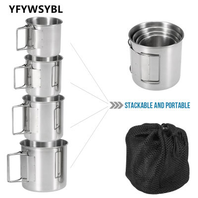 4PCS Stainless Steel Cups Set Stackable Drinking Water Cups Mugs with Foldable Handles for Home Outdoor Camping Backpacking