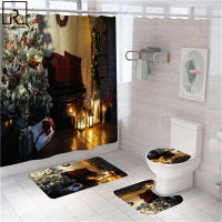 Christmas Bathroom Curtains Xmas Tree Window Shower Curtain Polyester Toilet Lid Cover WC Bath Mat Set Festival Home Decoration