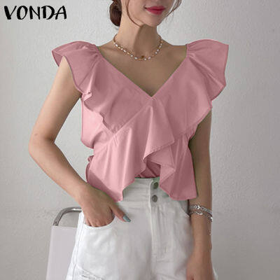 (จัดส่งฟรี)Fancystyle VONDA เสื้อพลีทแขนกุดลำลองธุรกิจเสื้อคอวีมีระบายสำหรับผู้หญิง