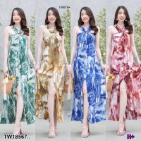 18567 เดรสลายมัดย้อม สายคล้องคอ จับจีบย่นแต่งห่วงไม้ช่วงอก Tie-dye dress, halter neck, pleated, decorated with wood loops, chest