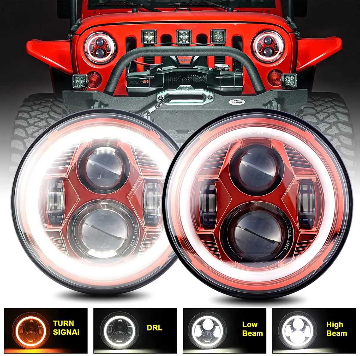 BESURE DOT Approved 7 inch Led Halo Headlight Compatible with Jeep Wrangler  JK LJ CJ TJ 1997-2018 Hummber H1 H2 Round Led High Low Beam DRL (Red,2Pcs)  | Lazada PH