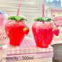 [A SELL Hot Sale] 500MlCute สตรอเบอร์รี่ฟางขวดน้ำนมกาแฟฟางถ้วยสำหรับบ้าน