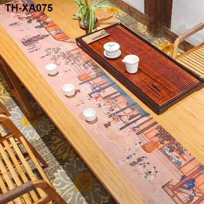 Hangong Chunxiao โต๊ะน้ำชากันน้ำธงจีนใหม่สไตล์จีน โต๊ะน้ำชาผ้าปูโต๊ะชายาวโบราณสไตล์แห่งชาติธงตาราง