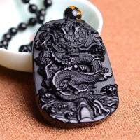 Lucky Amulet Black Dragon Pendant Necklace Natural Obsidian Carving Jewelry Chic