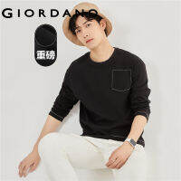 GIORDANO Men T-Shirts Single Pocket Bright Line 100% Cotton Tee Crewneck Long Sleeve Simple Fashion Casual Tshirts 18023621