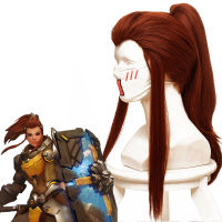 (วิกผมคอสเพลย์) วิกผมเกมที่มีคุณภาพสูง Brigitte ทนความร้อนได้วิกผมปลอมวิกผมคอสเพลย์ทรงหางม้าสีน้ำตาลแดง + ตาข่ายคลุมผมสำหรับใส่วิก