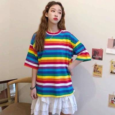 FASHIONJEANS_SHOP ⚛️ เสื้อลายทางเส้นเล็กสีรุ้ง ⚛️ แบบใหม่สไตล์เกาหลี Oversize #009