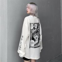 QWEEK Gothic White T-shirt Womens Harajuku Long Sleeve Mall Goth Top Vintage Grunge Alt Clothes Aesthetic Kpop Korean 2021