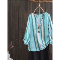 【มีไซส์ใหญ่】Plus Size XL-4XL Womens 3/4 Sleeve Striped Summer Shirts Oversized Full Cotton Vintage Female Tops