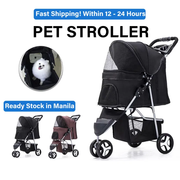Universal wheel Pet Dog Cat Stroller Black 3 Wheels Heavy Duty Foldable