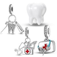 925 Sterling Silver CZ Doctor Dentist Tooth Charm Beads Fit Original Bracelet for Child Women DIY Making Jewelry Silver Gift