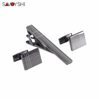 SAVOYSHI Classic Square Black Laser Stripe Bussiness Mens Cufflinks Tie Clips Set High Quality Necktie Pin Tie Bars Clip Clasp