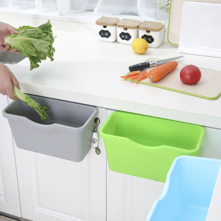 ตะกร้าพลาสติกแขวนถังขยะสามารถถังขยะสามารถกล่องเก็บถังขยะการจัดเก็บสก์ท็อปครัวผู้ถือตู้ประตู1ชิ้น