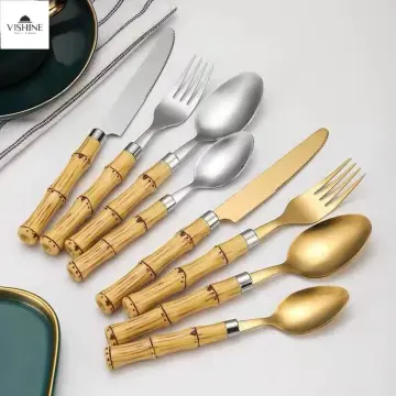 Silver Flatware Set with Natural Wood Handle, 24 PCS Silverware Set for 6,  Premium 18/8 (304) Stainless Steel Cutlery Set, Forks Spoons and Knives Set