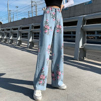 Design sense rose jeans  autumn new high-waist wide-leg pants straight trousers fashion womens clothing