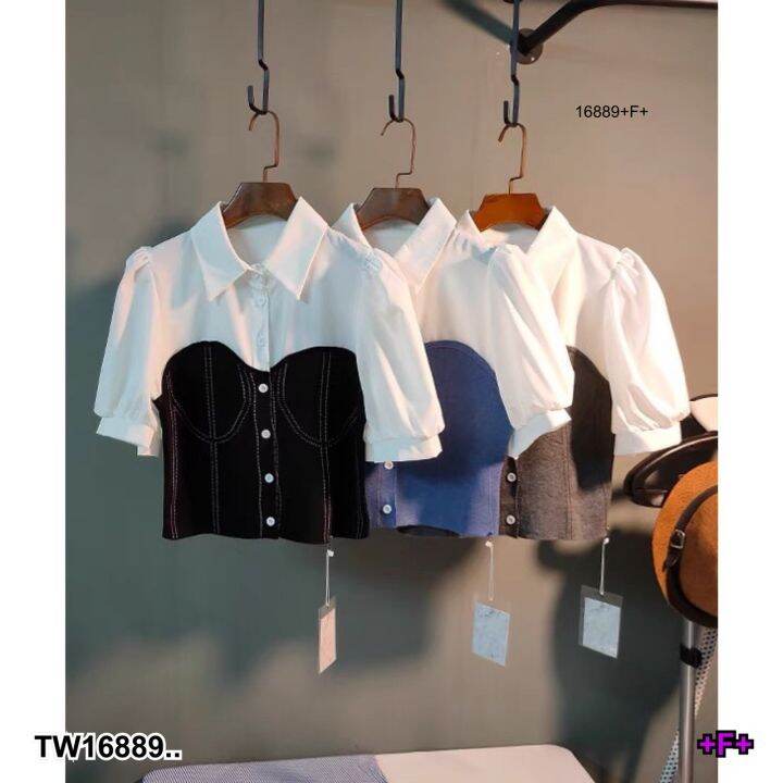 tw16889-เสื้อ-ไหมพรมปกเชิ้ต-แขนสั้น