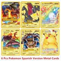 การ์ดโลหะโปเกมอน6-12ชิ้น/เซ็ตเวอร์ชันภาษาอังกฤษสเปนภาพอนิเมะ Charizard Pikachu Pocket Monster การซื้อขายการต่อสู้การ์ดของเล่น