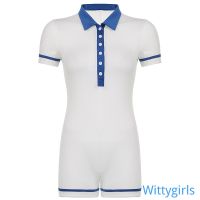 Wittygirlsshop รองเท้ากีฬาแฟชั่น ชุดจั๊มสูท Rompers แขนสั้นคอวีติดกระดุมด้านหน้าเซ็กซี่