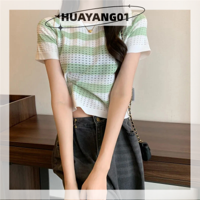 HUAYANG01 [2023 new HOT FASHION] lazlook Knit Crop TOP striped T shirt Women 2022 Summer Hollow OUT ชุดแฟชั่นเสื้อวินเทจเสื้อแขนสั้นเสื้อยืด Femme