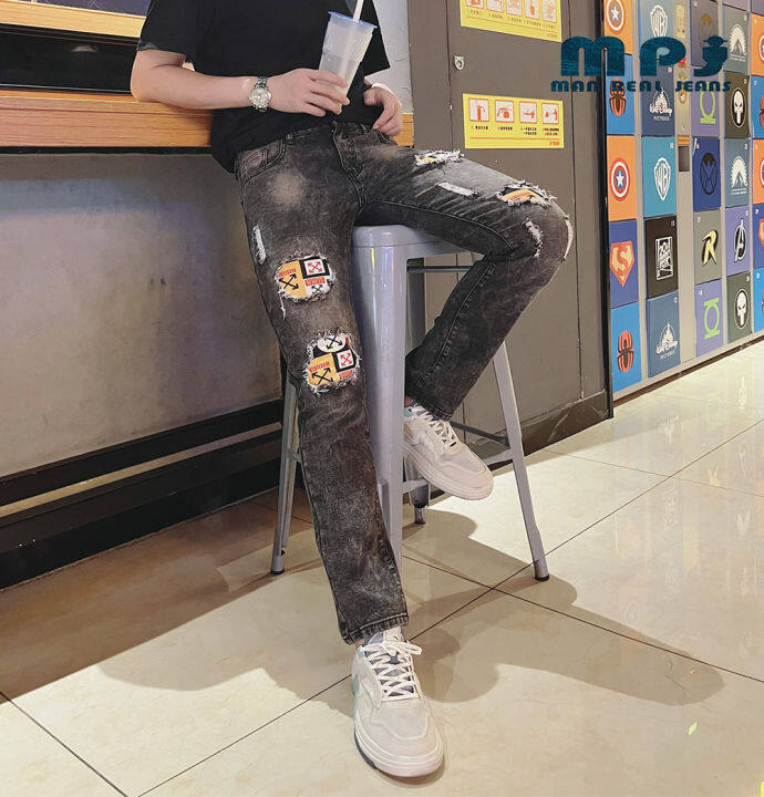 Men Denim Pants Fit Slim Casual Stylish Destroyed Ripped Skinny Jeans  Trousers