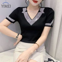 YIMEI เสื้อยืดผู้หญิงสวยๆ2023การออกแบบแฟชั่นใหม่ฤดูร้อนคอวีสุดเซ็กซี่เสื้อเข้ารูปพอดีเข้ารูปสำหรับผู้หญิงเสื้อยืดผ้าฝ้ายติดเพชรทนทาน