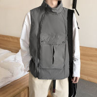 Fashion Coats Waistcoats Men Solid Sleeveless Turtleneck Warm Cargo Vests Big-pocket Korean Plus-size 2XL Loose Leisure