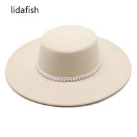 lidafish New Autumn winter 10cm Wide Brim Flat Top Hat For Women Pearl Ribbon Elegant Lady Wedding Jazz Cap Church Derby Hat