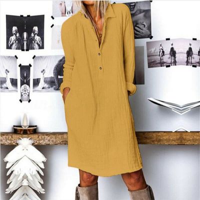 2022 Autumn Women Casual Solid Color Long Sleeve Cotton Linen Tunic Dress Ladies Vintage V-Neck Button Loose Straight Mini Dress