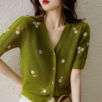 Summer Women Green Knit Cardigan Sweater Short Sleeve Flower Embroidery Knitted Sweater Blusas Mujer De Moda 2021 Cardigans E980