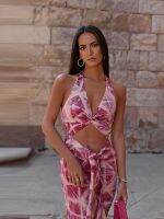 【HOT】❐ Hollow Cut Halter Printed Womans Up Beach Bohemia Vestidos Ladys Fashion Vacation Dresses